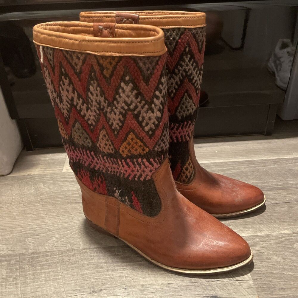 VTG Handmade Kilim Tapestry Leather Western Boots Aztec Southwestern Tan Sz 10A
